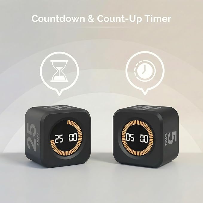 KADAMS Pomodoro Timer Visual - Productivity Pomodoro Cube, 5/10/25/50 Min Countdown & Countup, Silent – Ideal for Work Study Cook Workout Kitchen School Classroom Office ADHD Gift Kids (1, Black)