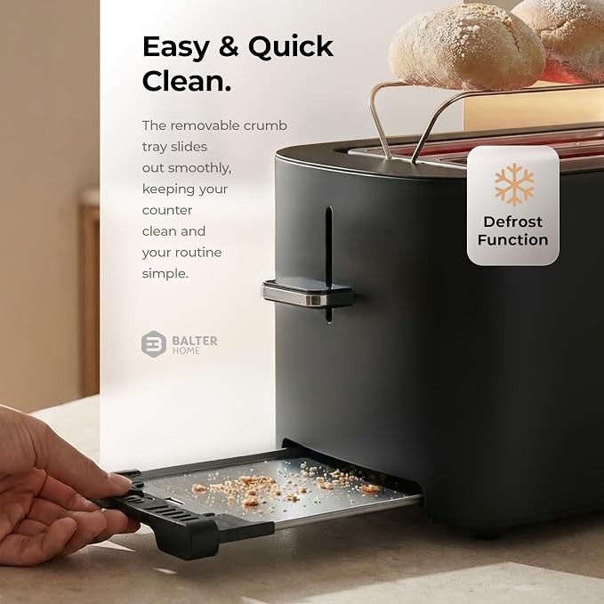 Balter Toaster 2 Slice, Bagel Function, Stainless Steel, Touch Screen, Built-in Rack, Extra-Wide 1.5" Slots for Thick Breads & Bagel, Timer, BPA-Free, Removable Tray, Black