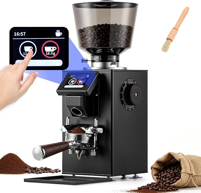 Grind by Weight Commercial Coffee Grinder, 64mm Flat Burr | Touchscreen, ±0.1g precision, dual dosing modes, 14 grind settings, 350w motor, fits portafilters, easy clean, for cafe use