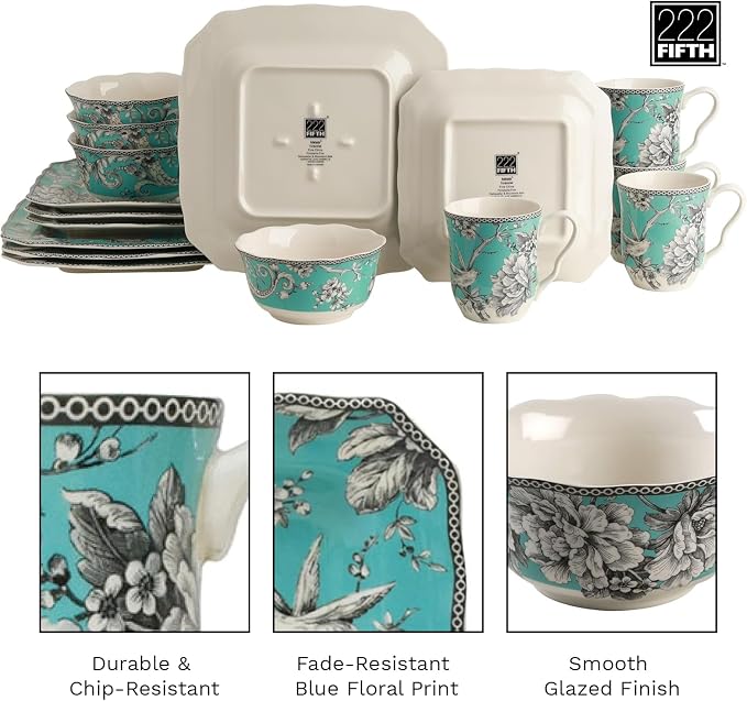 222 Fifth Adelaide Turquoise 16-Piece Porcelain Dinnerware Set | Microwave and Dishwasher Safe Dining Set for 4 | Stackable and Chip-Resistant Plates Bowls and Cups | Gift for Housewarming & Wedding