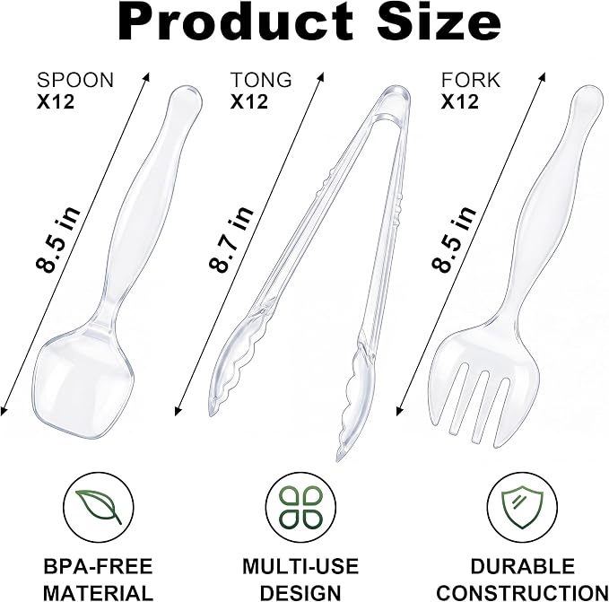 36Pcs Disposable Plastic Serving Utensils Set, 12 Clear Spoons, 12 Forks, 12 Tongs, 9-Inch for Party Buffet Catering Events, Heavy Duty and Ergonomic Design