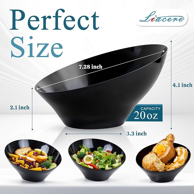 16Pcs 20oz Black Plastic Serving Bowls Angled for Wedding,Party | Black Plastic Serving Disposable Bowls Angled Table Salad and Fruit Bowls for Chip,Candy - Ideal for Party,Daily use