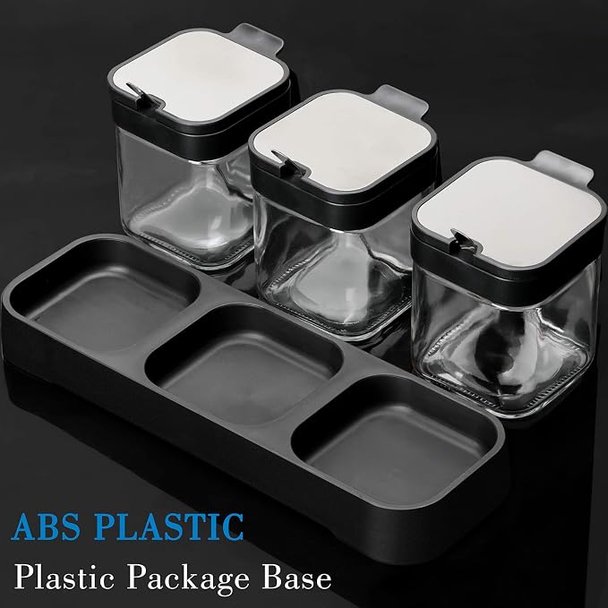 Mlici 3 Pack Condiment Jars, Spice Containers with Lids and Spoons, Black | 8.6oz Capacity, Clear Glass Seasoning Condiment Pots, Salt Sugar Bowl Container Set for Counter Organizer, Housewarming Gift