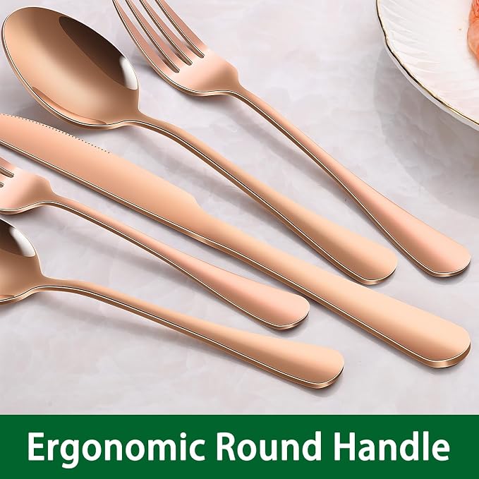 Rose Gold 24 PCS Flatware Sets With Steak Knives Service For 4 Person,Copper Eating Untensils Set For Kitchen,Silverware Set Includes Knife Spoon And Fork Set