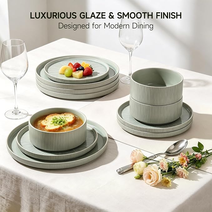 Stoneware Dinnerware Sets for 4, 12-Piece Plates and Bowls Set, Light Green | Advanced Inkjet Printing Ceramic Dishes, Chip & Scratch Resistant, Microwave and Dishwasher Safe Tableware