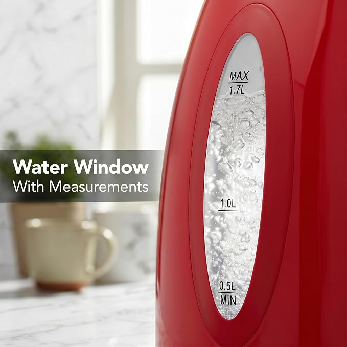 OVENTE 1.7L Electric Kettle with 1100W Fast Boiling Water, Red KP72R | Best For Coffee or Tea, BPA-Free, Water Level Gauge, Auto Shut-Off, Indicator Light, Boil-Dry Protection & Removable Filter