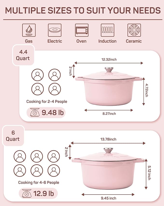 6 QT Dutch Oven Pot with Lid, Enameled Cast Iron Dutch Oven for Bread Making, Braiser, Cooking, Dual Handles, Oven Safe up to 500° F or on Stovetop, Gifts for Family - Pink