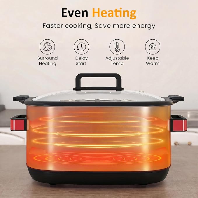 Sunvivi 12-in-1 Programmable Slow Cooker 6.5QT with Timer & Keep Warm | Multicooker with Timer & Temp Control, Dishwasher Safe Lid & Removable Nonstick Crock, Stainless Steel Rack, Red