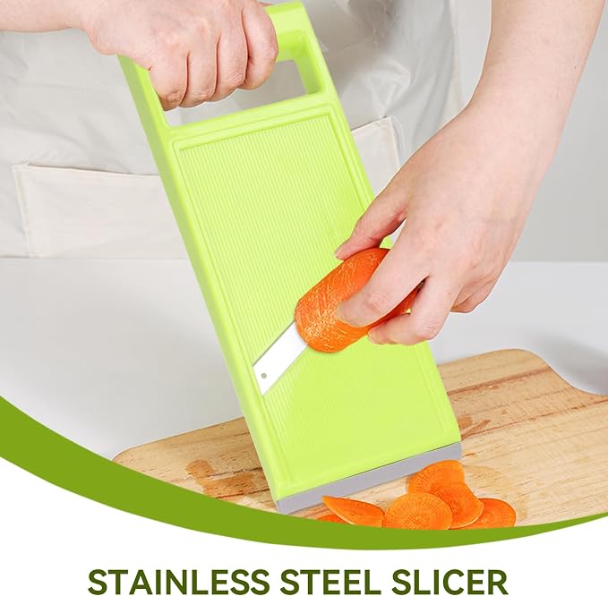 Handheld Potato Slicer & French Fry Cutter, Stainless Steel Manual Vegetable Slicer for Chips Homemade Fries Carrots Zucchini Easy Grip Green Slicer Chip Maker (4.25x10.8in)