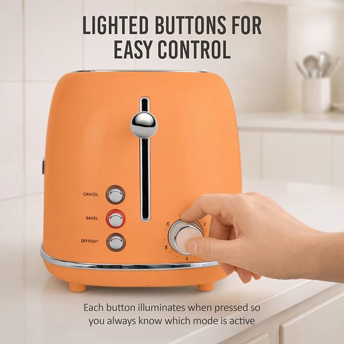 Nostalgia Classic Retro 2-Slice Toaster- Vintage Design- Enamel Coated Steel Body- Wide Slots for all Breads- Crumb Tray, Cord Storage- Defrost,Cancel and Bagel Function & 6 Toasting Levels- Orange