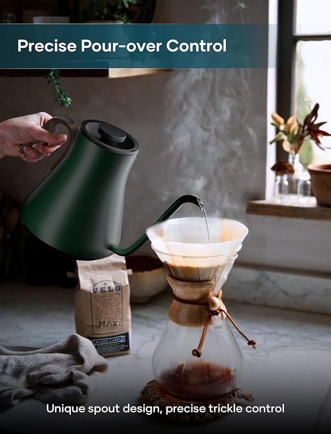 INTASTING Gooseneck Electric Kettle with 1℉ Temperature Control, 0.9 Liter | Fast Heating, Stainless Steel Interior, for Pour Over Coffee, Tea & Boiling Water, Keep Warm, Auto Shut-Off, Forest Green