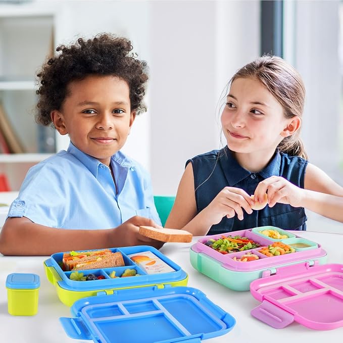 Caperci Bento Box for Kids Age 4-8 - 4.8 Cups Lunch Box with 2 Modular Containers - 4 Compartments Lunch Container, Leak-Proof, Portable Handle, Microwave/Dishwasher Safe (Blue/Juicy Pear)