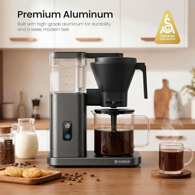 Kismile SCA-Certified 8-Cup Drip Coffee Maker with Pour-Over Control | 3-Second Heating at 197–205°F, Adjustable Flow, Removable 1.25L Water Tank, 20-Min Cold Brew and 40-Min Keep Warm