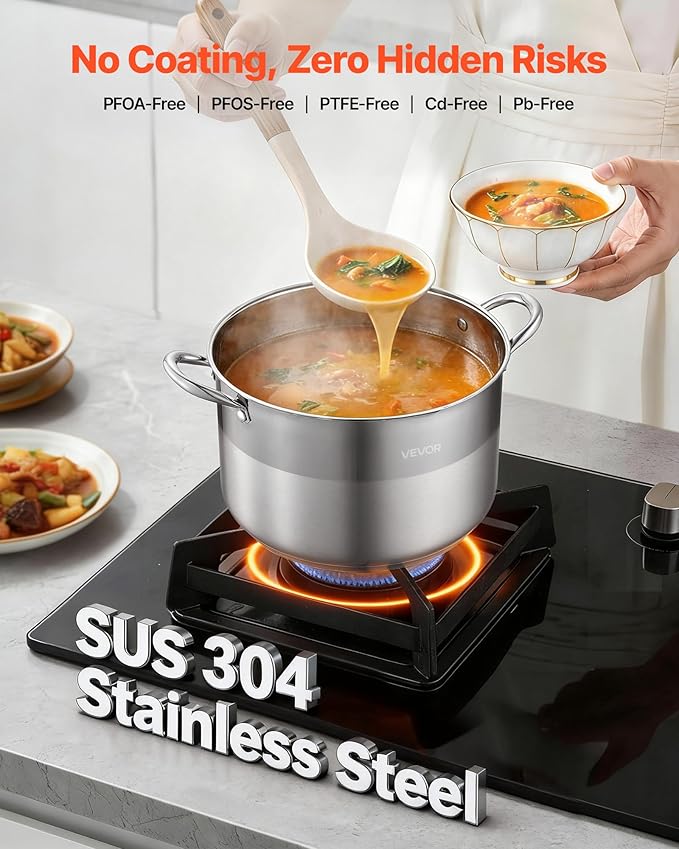 VEVOR Stainless Steel Stock Pot, 12QT Stainless Steel Stockpot with Glass Lid, PFOA-Free, PFAS-Free, Compatible with Gas Stoves, Induction Cooktops, Electric Stoves, for Soups, Stews, and Pasta