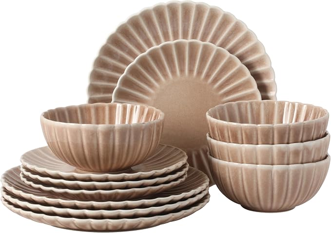 Gibson Elite Peach Orchard 12-Piece New Bone China Dinnerware Set Service for 4, Embossed Fluted Plates and Bowls, Dishwasher and Microwave Safe, Mauve Rose