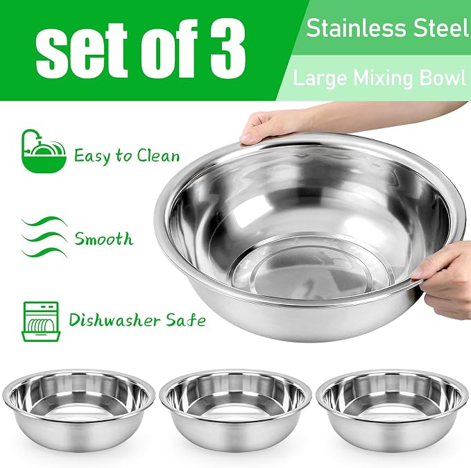 WUWEOT 3 Pack 10 Quart Large Mixing Bowl, Stainless Steel Oversized Salad Bowls, All-Purpose Metal Serving Basin for Home Commercial Prepping Baking Marinating Cooking Brining Mixing
