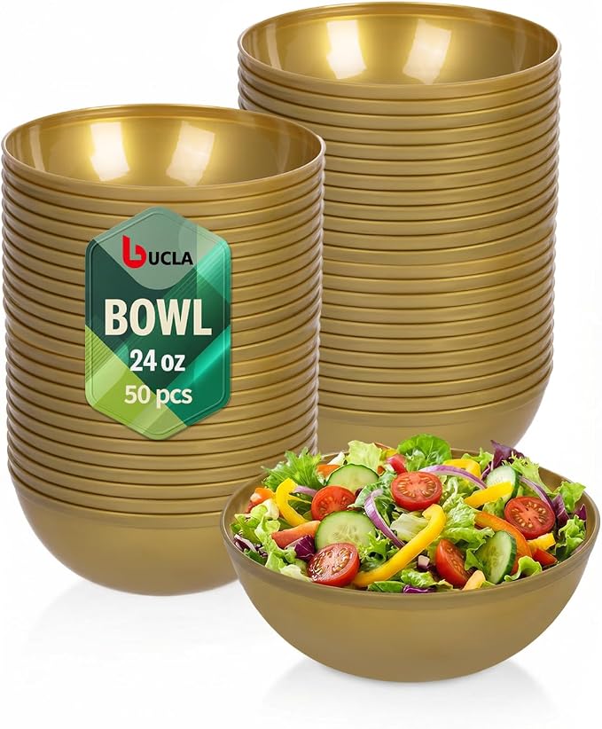 bUCLA 50 Pack Gold Plastic Serving Bowls - 24oz Disposable Bowls for Salad, Cereal, Dessert, Fruit, Chip & Soup - Ideal for Wedding & Party