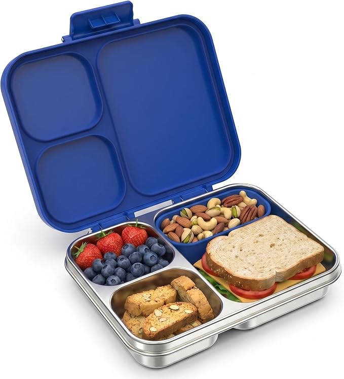 LOHASOK Stainless Steel Lunch Box, 34oz/1000ml, Blue | 3-Compartment, Metal Bento Container, Leak Proof, Plastic Lid, for Kids Adults, BPA/BPS Free, Dishwasher Safe