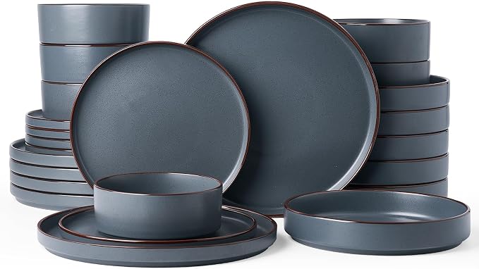 Famiware Nebula Ridge 24-Piece Dinnerware Set with Pasta Bowls, Charcoal | Stoneware Plates and Bowls for 6, Warm Hand-Painted Rims, Microwave and Dishwasher Safe