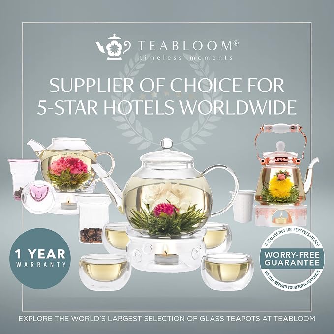 Teabloom One-Touch Tea Maker, 2-in-1 Teapot and Kettle with Stainless Steel Filter Lid for Loose Tea – Stain-free Borosilicate Glass Teapot (56 Oz) – Tea Connoisseur's Choice