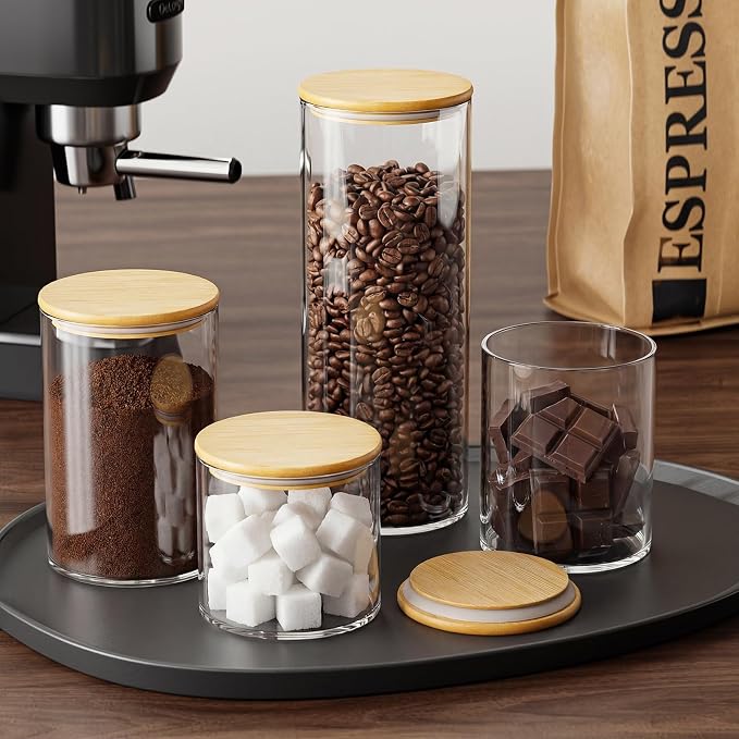 5 Pack MultiSize Glass Jar with Lid, Coffee Storage Canister for Candy | Seal, BPA-Free, Bamboo Lid, Coffee Bar Accessories, for Coffee Beans, Creamer, Salt, Overnight Oats, Brown sugar, Candy, Tea