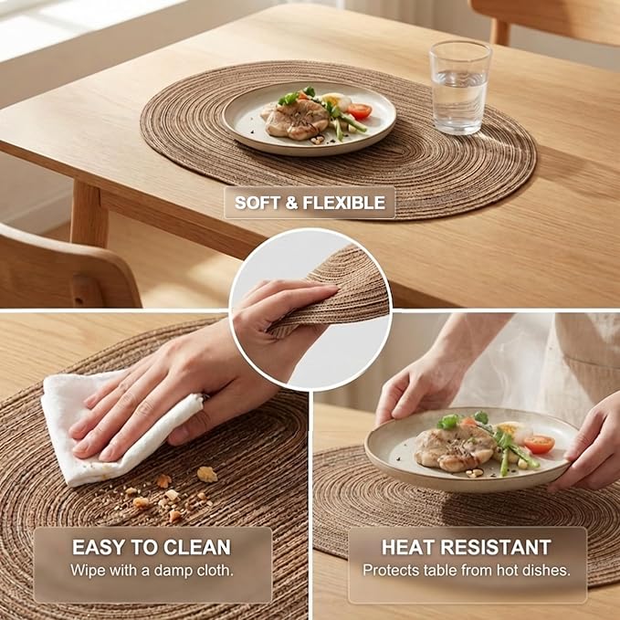 Placemats Set of 4, Woven Oval Braided Dining Table Mats(Brown) | 12 x 17.5 Inch Size Fits Plates and Flatware; Hand Washable and Heat Resistant for Kitchen Use, with Farmhouse and Boho Style
