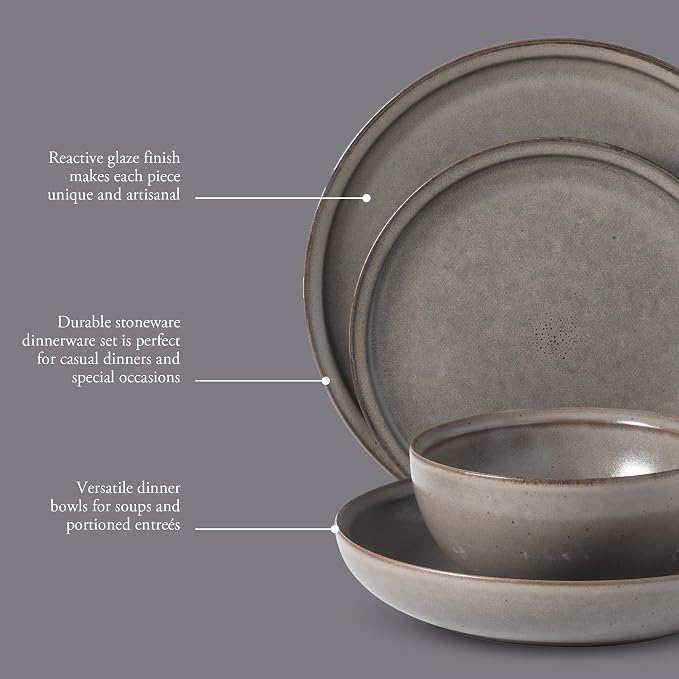 Gibson Elite Beckett Stoneware Matte Reactive Glaze 16 Piece (Service for 4) Plates and Bowls Dinnerware Set - Grey