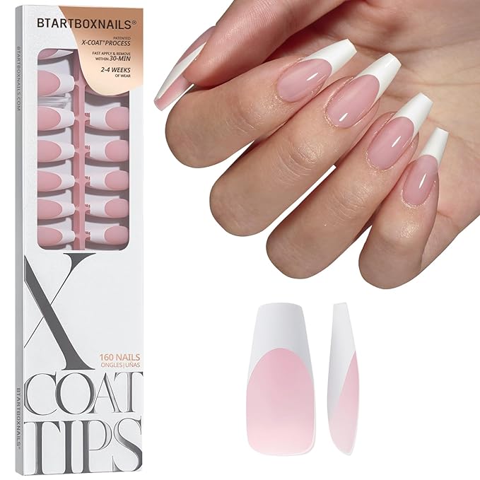 BTArtboxnails XCOATTIPS White French Tip Press On Nails, Long Coffin, Pink | Lamp-Curable, 4-Week Wear, Salon Quality Value at Home, Natural Nail Look, Easy-to-Apply for Beginners, 160Ct Nail Tips Only