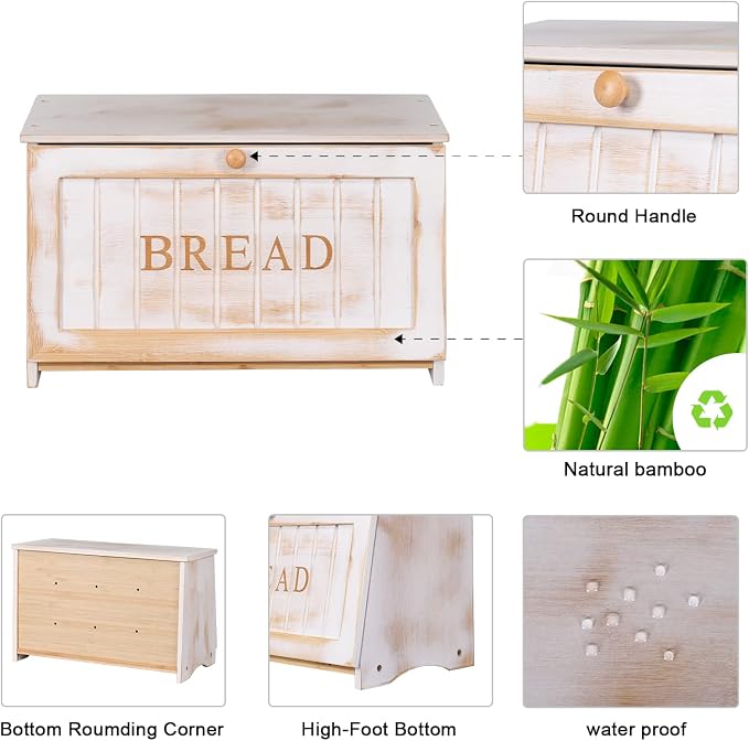 HOMEKOKO Vintage Wood Bread Box for Kitchen Counter, Food Storage Bin,White | Retro Farmhouse Style, Holds 2 Loaves, Breathable Design Keeps Bread Fresh For 3–4 Days, Suitable For Rustic/Vintage Kitchen