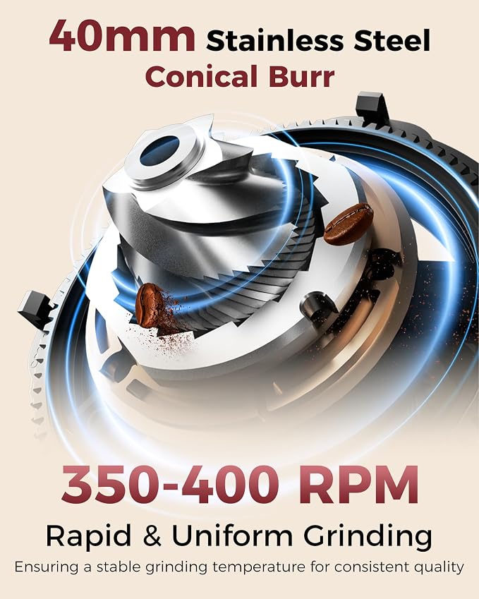 Tuni G2 Conical Burr Coffee Grinder with 70 Grind Settings, Ivory | Anti-static Burr Mill, Precision Electronic Timer and LED Touchscreen for Espresso/Drip/Cold Brew/French Press