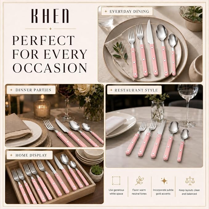 Khen Cutlery Set of 20 Pieces, 18/8 Stainless Steel Flatware, Modern Silverware for Home, Kitchen, Dining & Table Setting for 4, Dishwasher Safe, Lightweight & Ergonomic Design Gift - Pink