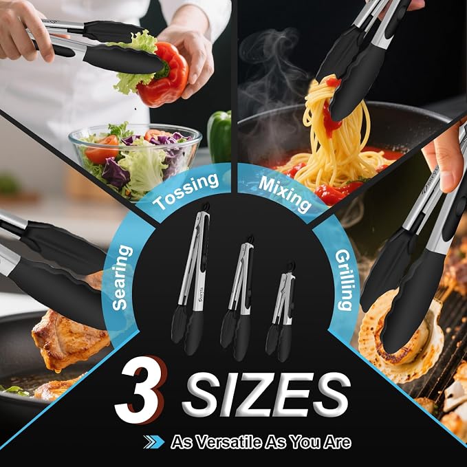 Kitchen Tongs with Silicone Tips - Heat Resistant 600°F Stainless Steel Cooking Tong Set, Non-Stick 7" 9" 12" Locking Silicone Tongs for Cooking, Grilling, Serving & Baking (3-Piece, Black)