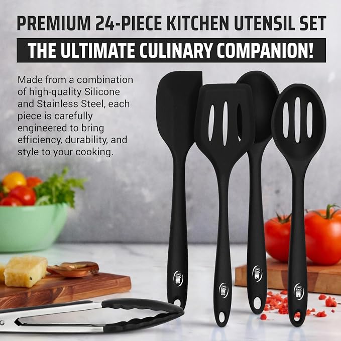 Kaluns Silicone Kitchen Utensils Set 24 Pcs Silicone Cooking Utensils Set - Can Opener, Masher, Turner, Spatula 446°F Heat Resistant Non-Stick - Premium Utensil Set