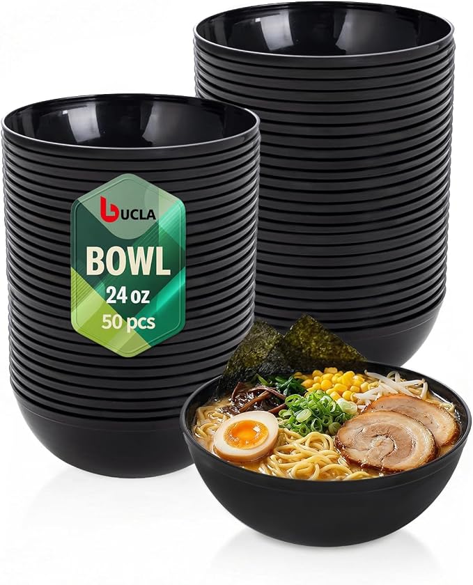 bUCLA 50 Pack Black Plastic Serving Bowls - 24oz Disposable Bowls for Dessert, Soup, Cereal, Salad & Fruit - Ideal for Wedding & Party