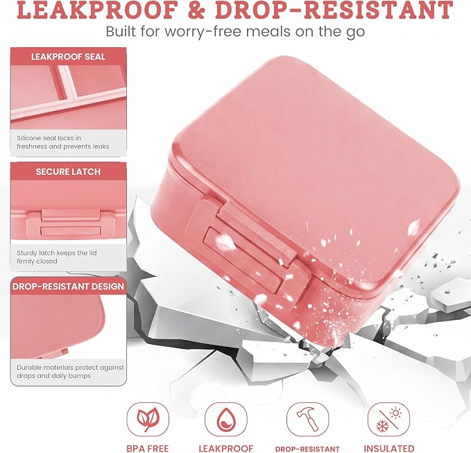 MAISON HUIS Bento Lunch Box with 8oz Soup Thermo, 5-Compartment Leak-Proof Container, Thermo Hot Food Jar and Insulated Lunch Bag, BPA Free,Travel, School (Pink)