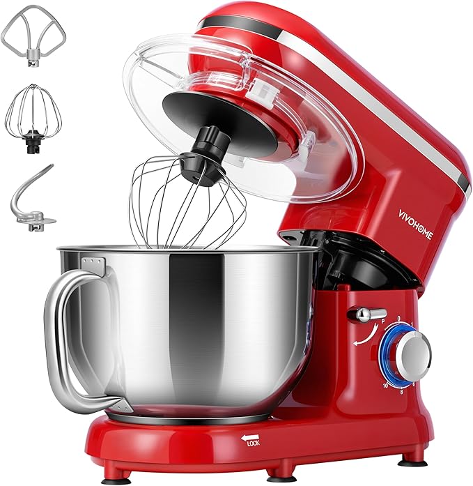VIVOHOME Stand Mixer, 6-Quart Tilt-Head Kitchen Mixer with Bowl, Red | 10 Speeds, Splash Guard, Dough Hook, Beater, Whisk, Egg Separator, for Cake & Bread