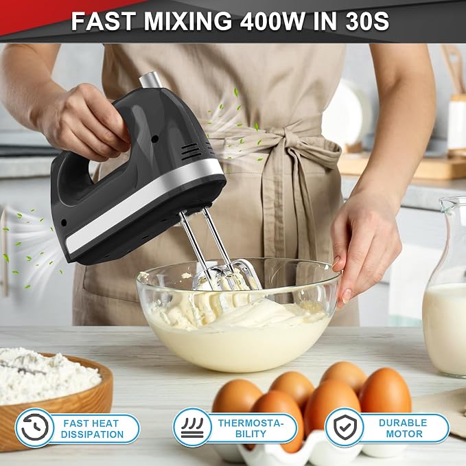 Lord Eagle Hand Mixer Electric Handheld 400W,5-Speed, Lightweight, Black | Kitchen Mixer with Storage Case, 5 Stainless Steel Attachments for Baking Cake Egg Cream Food Beater, Turbo+Eject Button