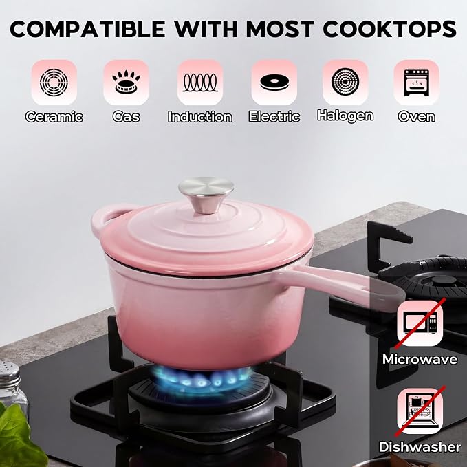 Onader 1QT Enameled Cast Iron Saucepan with Lid, Small Sauce Pan, Enamel Cast Iron Dutch Oven Cooking Kitchen Pot, Nonstick – Pink