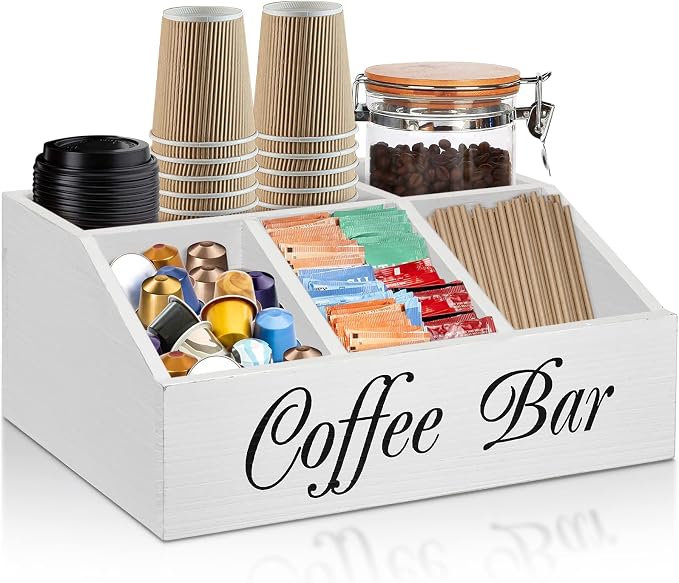 ugiftt Coffee Station Organizer for Counter, Wood Coffee Pods Holder Storage Basket, Tea Condiment Storage Organizer, Rustic Wood Bar Decor for Accessories