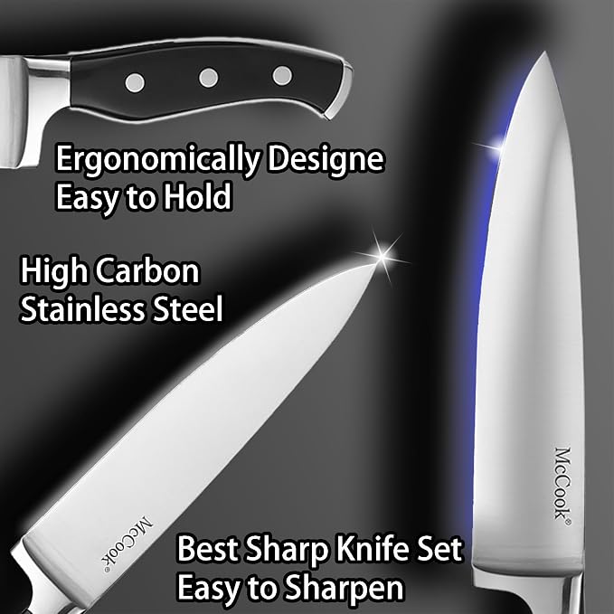 McCook® Knife Sets,German Stainless Steel Kitchen Knife Block Set with Built-in Sharpener | German Forged Stainless Steel,15 PC,Non-Stick&Anti-Rust,Triple Rivet,Ergonomic Handle,Full Tang,Gift Box
