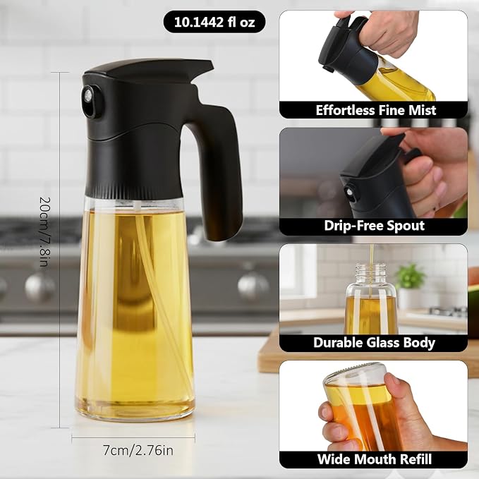NYXVAULT，A 300ml glass olive oil spray bottle, with precise dosage control, works as a practical kitchen，air fryer tool for salads, frying, grilling (Black)