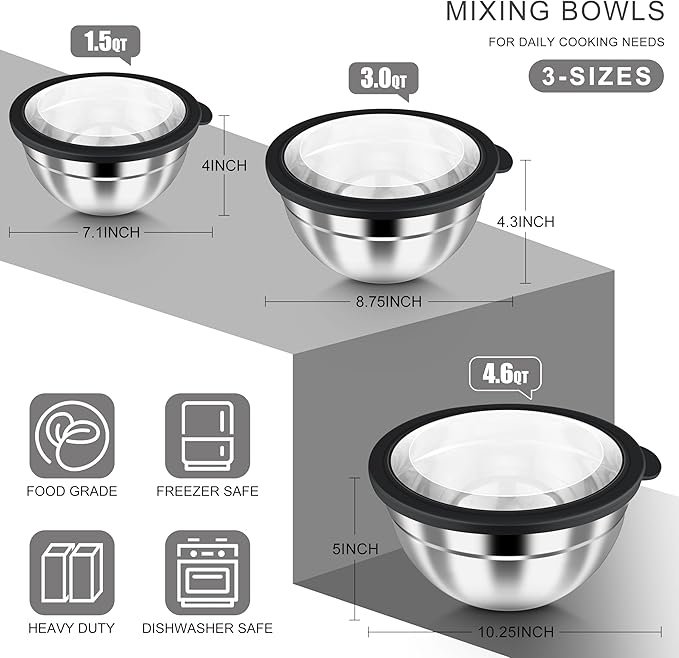 HaWare Mixing Bowls with Airtight Clear Lids, 6-Piece Nesting Bowls Set | Stainless Steel Salad Bowl for Cooking, Prepping, Baking, Serving & Food Storage, Size 4.6, 3, 1.5QT, Black