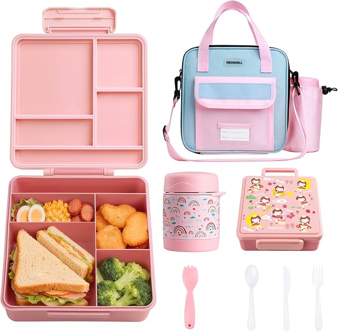 REDSHELL Kids Bento Lunch Box Set, Insulated Lunch Bag for Girls, Pink | Toddler 5-Compartment Lunchbox, Leakproof Food Jar, Snack Container, School Daycare, Bottle Holder, Adjustable Shoulder Strap