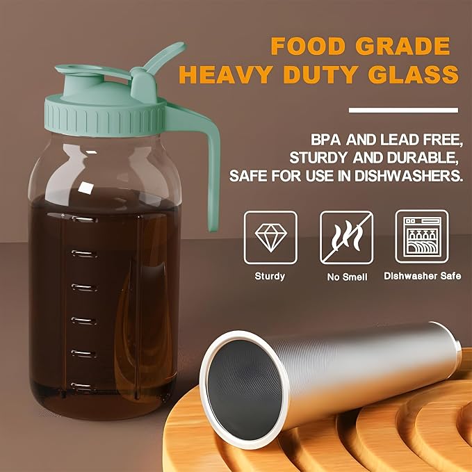 Cold Brew Coffee Maker, 64 oz Glass Mason Jar Pitcher | 100μm stainless steel filter, wide mouth design, leak-proof lid with handle, pour spout for iced coffee, tea and cold drinks