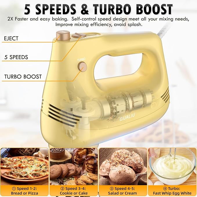 GUALIU Electric Hand Mixer, 304*(2* Beaters, 2* Dough Hooks), (1* Storage Bag) Handheld Mixer for Baking Cakes, Eggs, Cream Food Mixers, Turbo Boost /5 Speed Kitchen Blender YELLOW