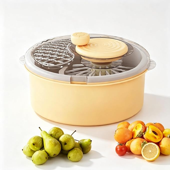 Fruit Vegetable Cleaner Spinner Collapsible Double Layer Washing Bowl (Yellow-Manual) | Manual washer with built-in scrubber to clear surface residues, great for berries and various produce cleaning