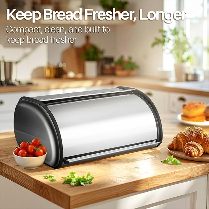 Flexzion Stainless Steel Bread Box, 16-Inch Bread Bin for Countertop | Large Bread Storage Container for Loaves, Bagels, Pastries, and Snacks; 15.75 X 10.83 X 7.28 Inches