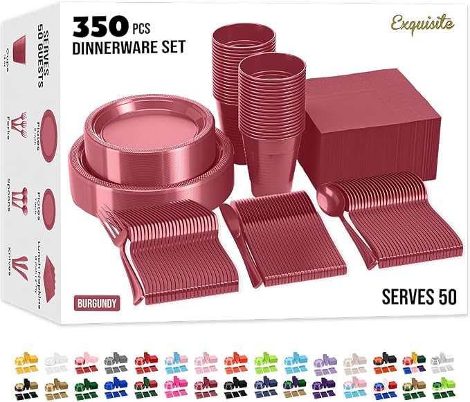 350 Pcs Burgundy Plastic Plates For Party, Burgundy Disposable Plates Set, 50 Of Each 9" Dinner Plate Set, 7" Dessert Plate, Cups, Napkins & Cutlery Plastic Dinnerware Set Exquisite
