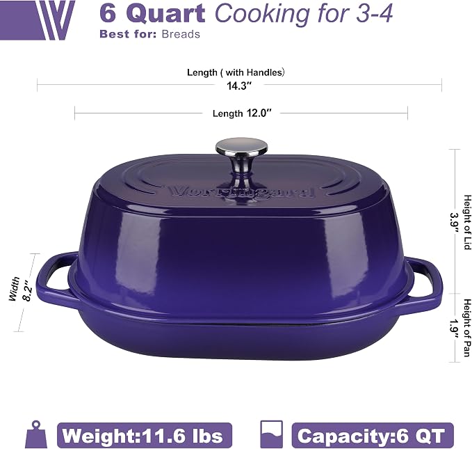 Enameled Cast Iron Dutch Oven Pot with Dome Lid, Oval Bread Oven for Homemade Sourdough Bread Baking, Oven Safe up to 500°F, 6 Quart, Purple