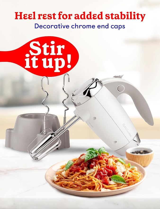 Betty Crocker 7-Speed Power-Up™ Hand Mixer with Stand, BC-4208W, White | 300 Watt Electric Mixer with Beaters and Dough Hooks, Ergonomic Electric Hand Blender for Home & Kitchen with Stand